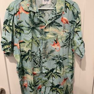 Old Navy Light Blue Green Tropical Flamingo Button-Up Shirt